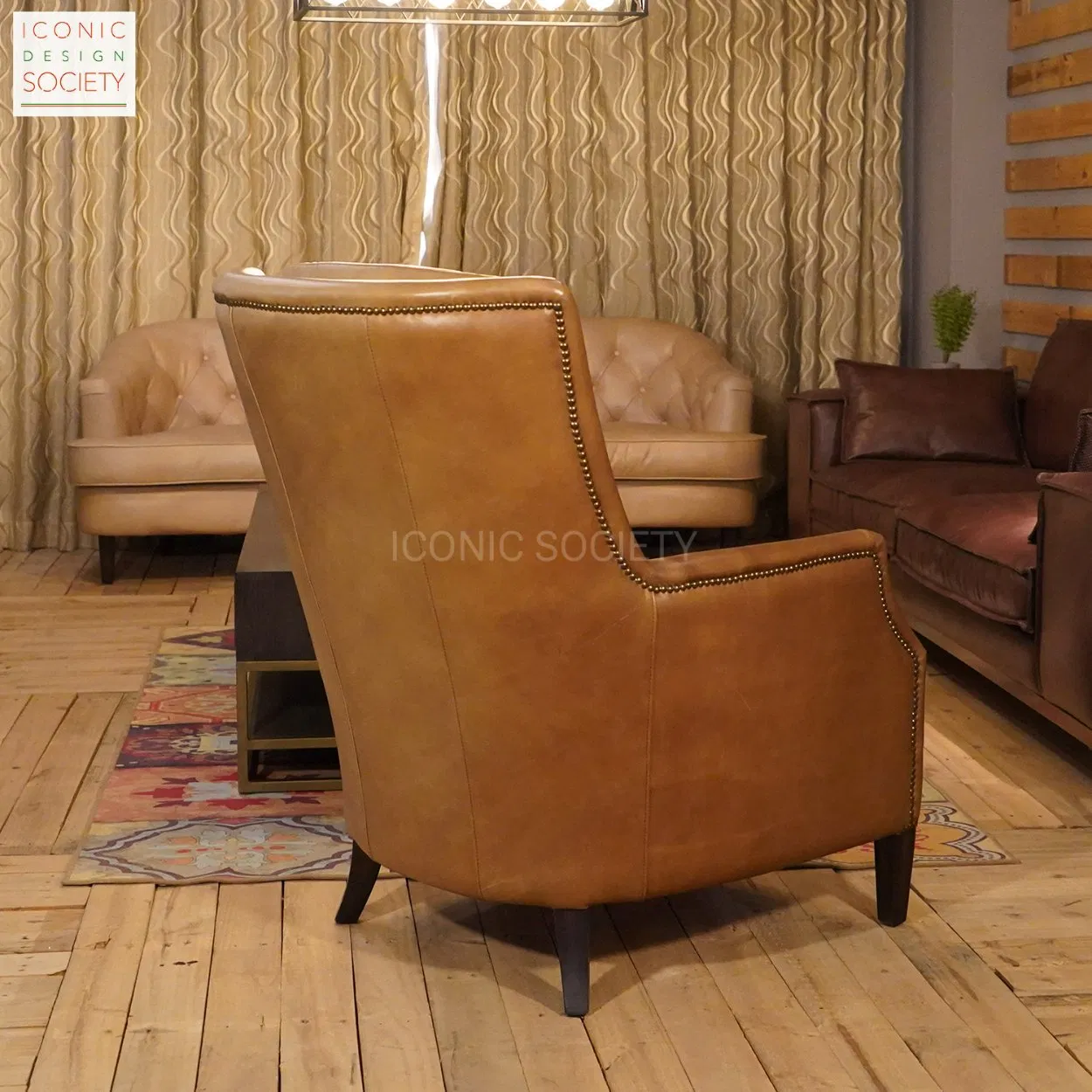 Vintage Living Room Furniture Sitting Room Office Wooden Frame Chair Hotel Wingback Club Chesterfield Accent Genuine Leather Chair