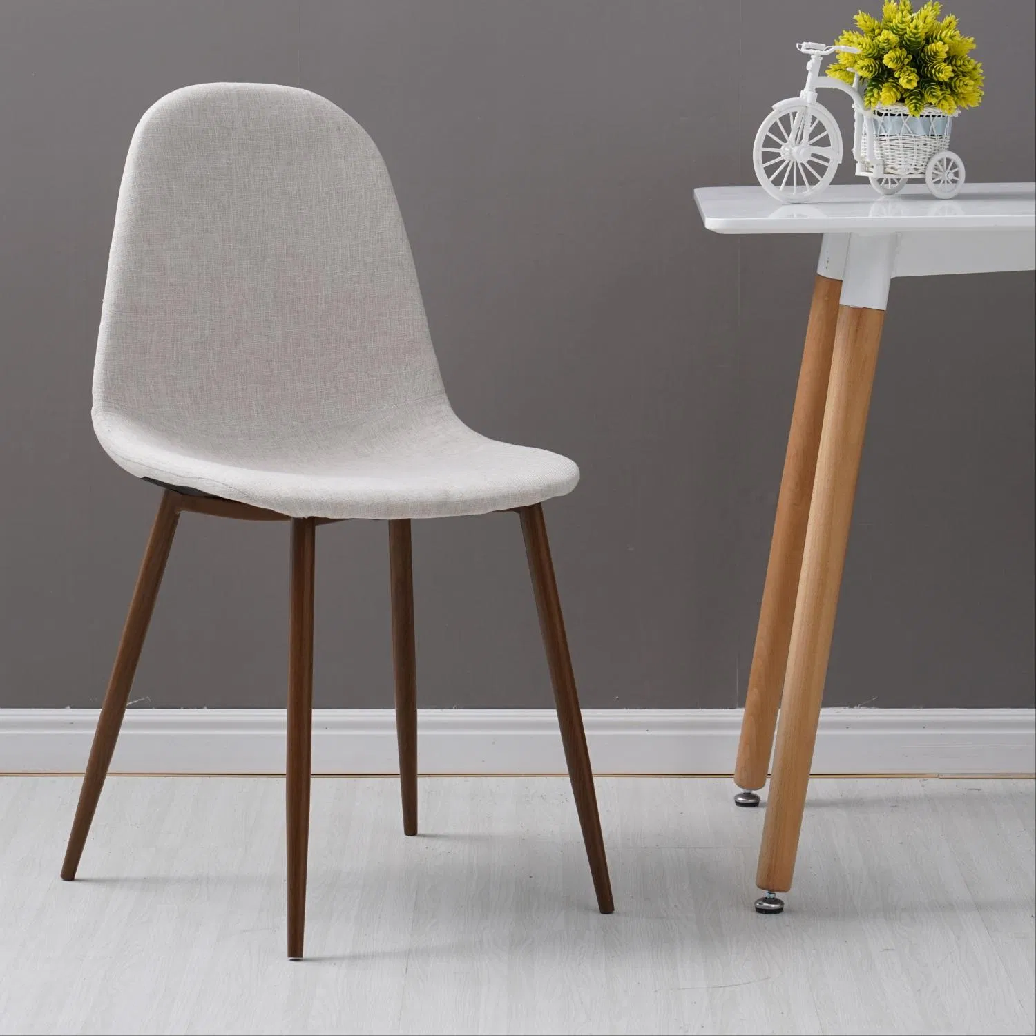 Dining Room Accent Chair Light Grey Linen Upholstered with Walnut Color Legs