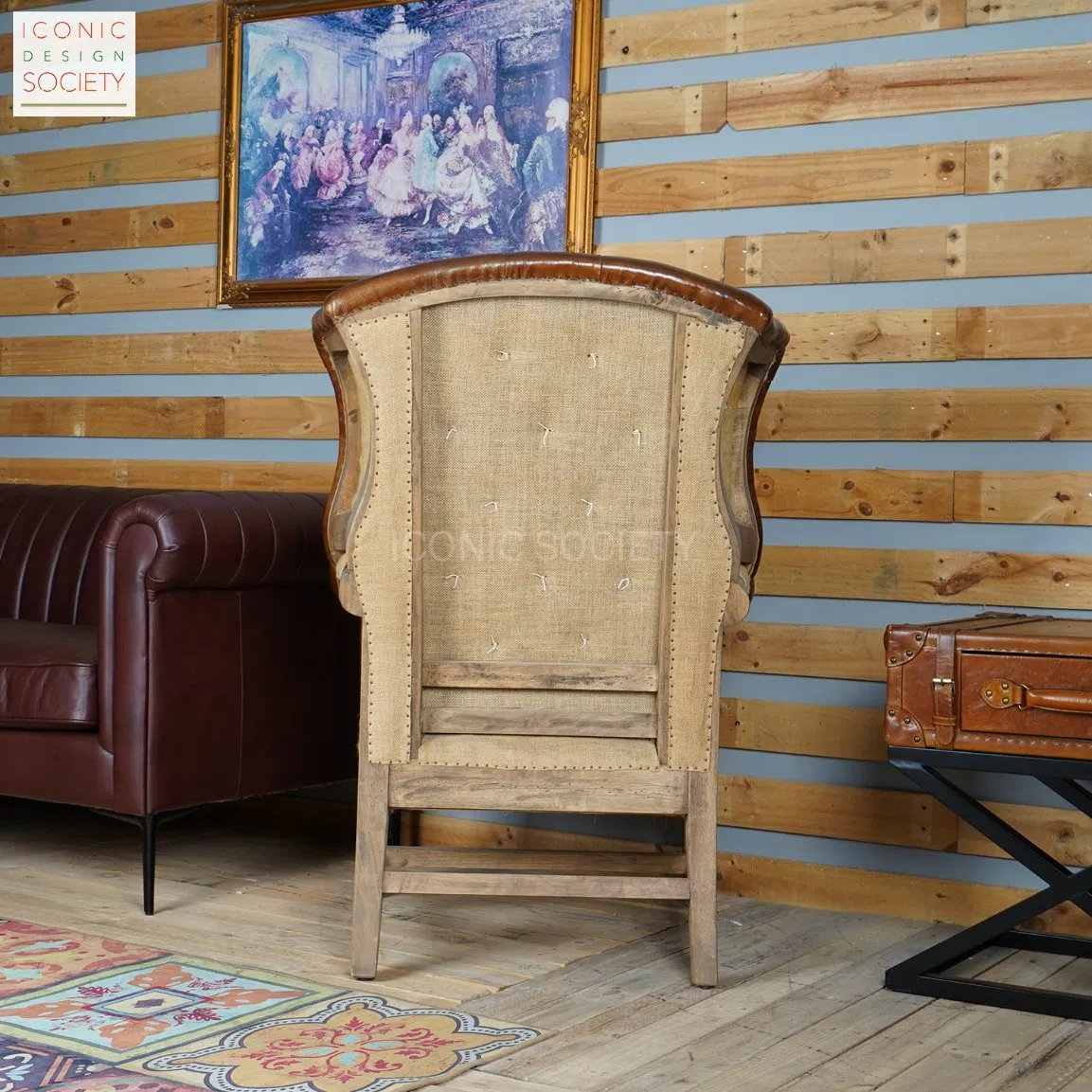 Vintage Living Room Sitting Room Furniture Wooden Frame Chair Hotel Wingback Diamond Tufted Club Accent Genuine Caster Leather Chair