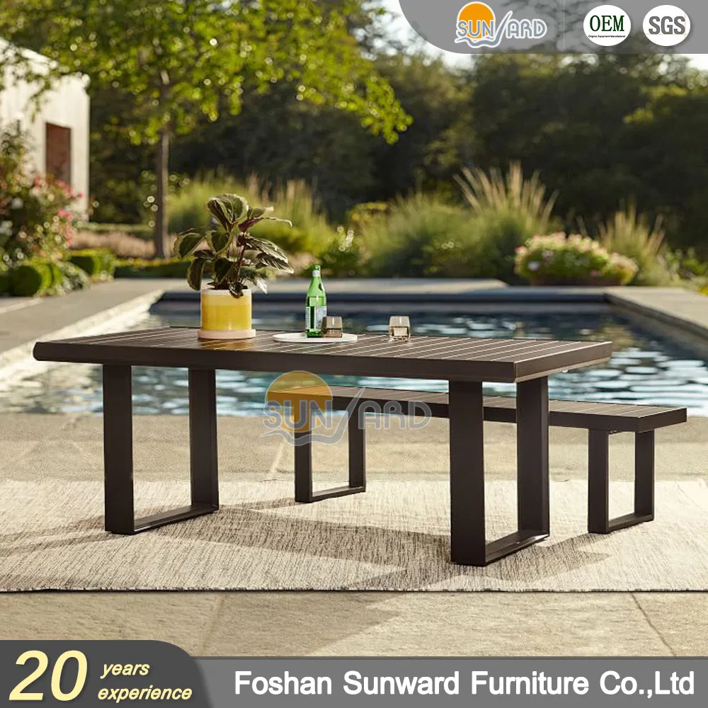 Wholesale Modern Hotel Restaurant Aluminum Metal Teak Wood Table and Long Chair Set Garden Patio Outdoor Dining Bench