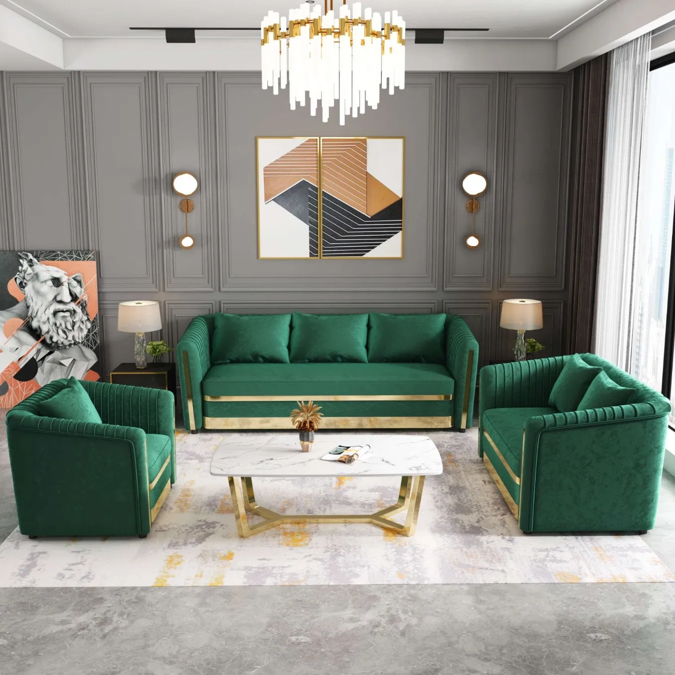 Luxury Modern Metal Green Velvet Sectional Set Living Room Fabric Sofa for Home Furniture Design