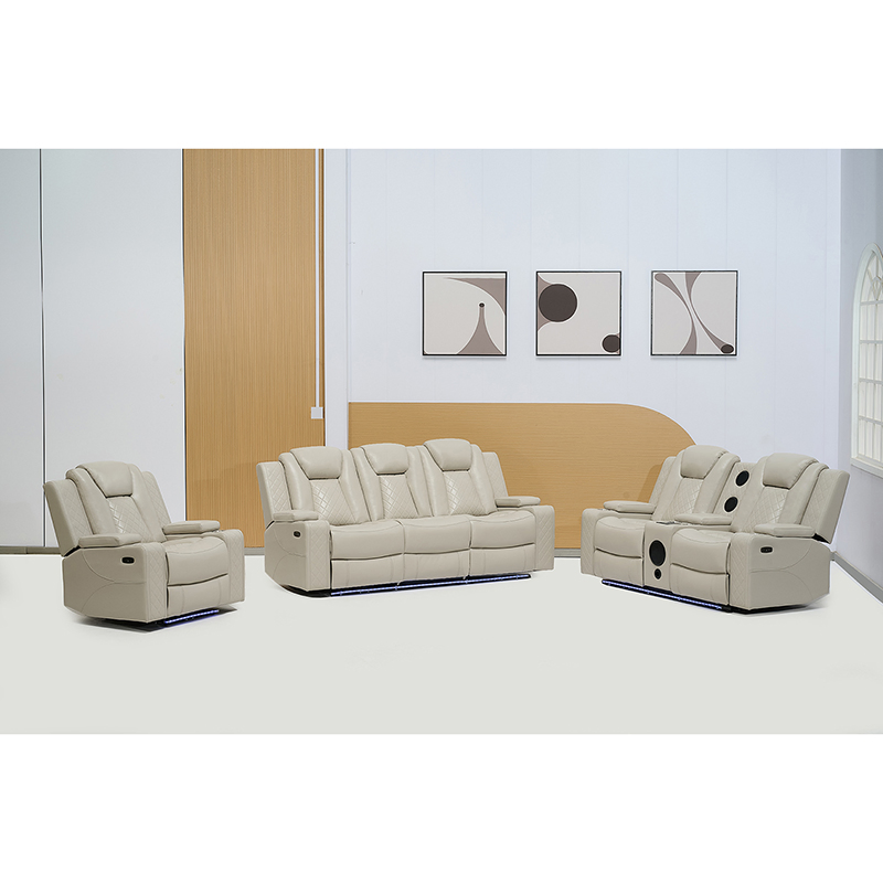 Beige Leather Home Theater Power Recliner Sofa Set with Multifunctional Speaker and LED