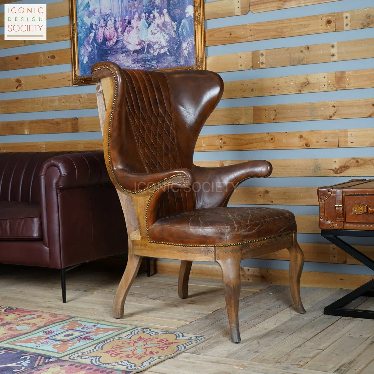 Vintage Living Room Sitting Room Furniture Wooden Frame Chair Hotel Wingback Club Genuine Caster Leather Chair