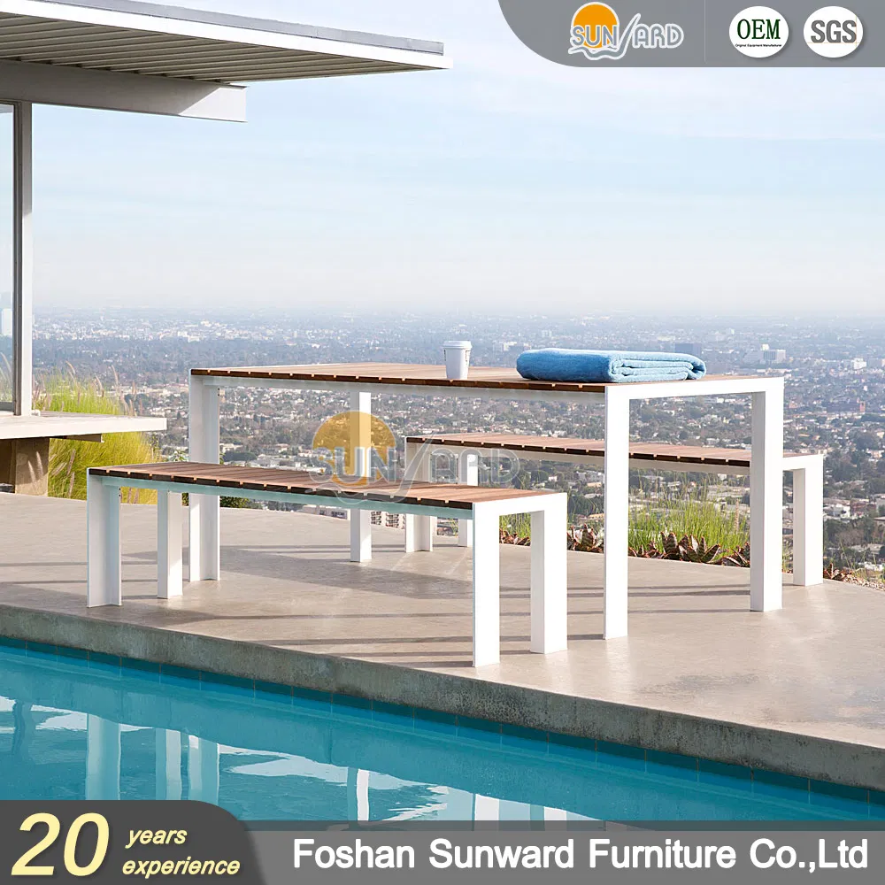Wholesale Modern Hotel Restaurant Aluminum Metal Teak Wood Table and Long Chair Set Garden Patio Outdoor Dining Bench