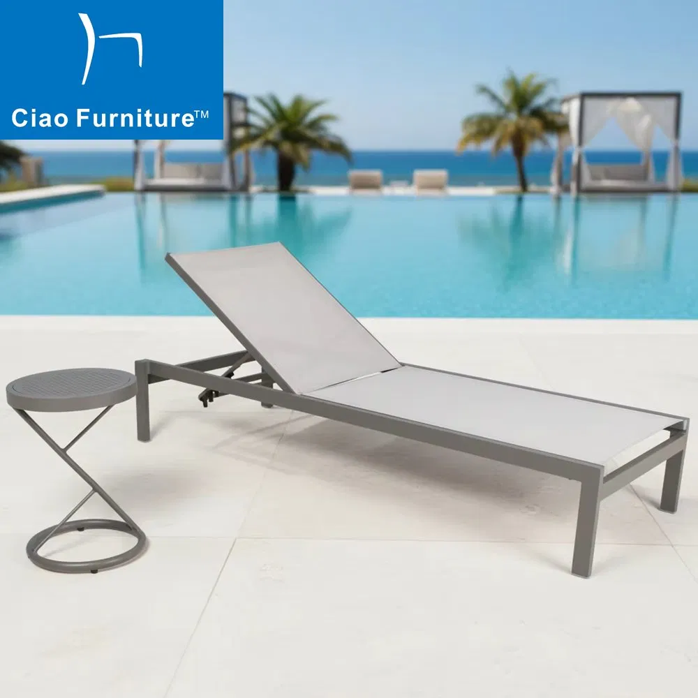 Mobilier de piscine d'hôtel extérieur, chaises longues empilables en aluminium avec tissu en maille pour la plage