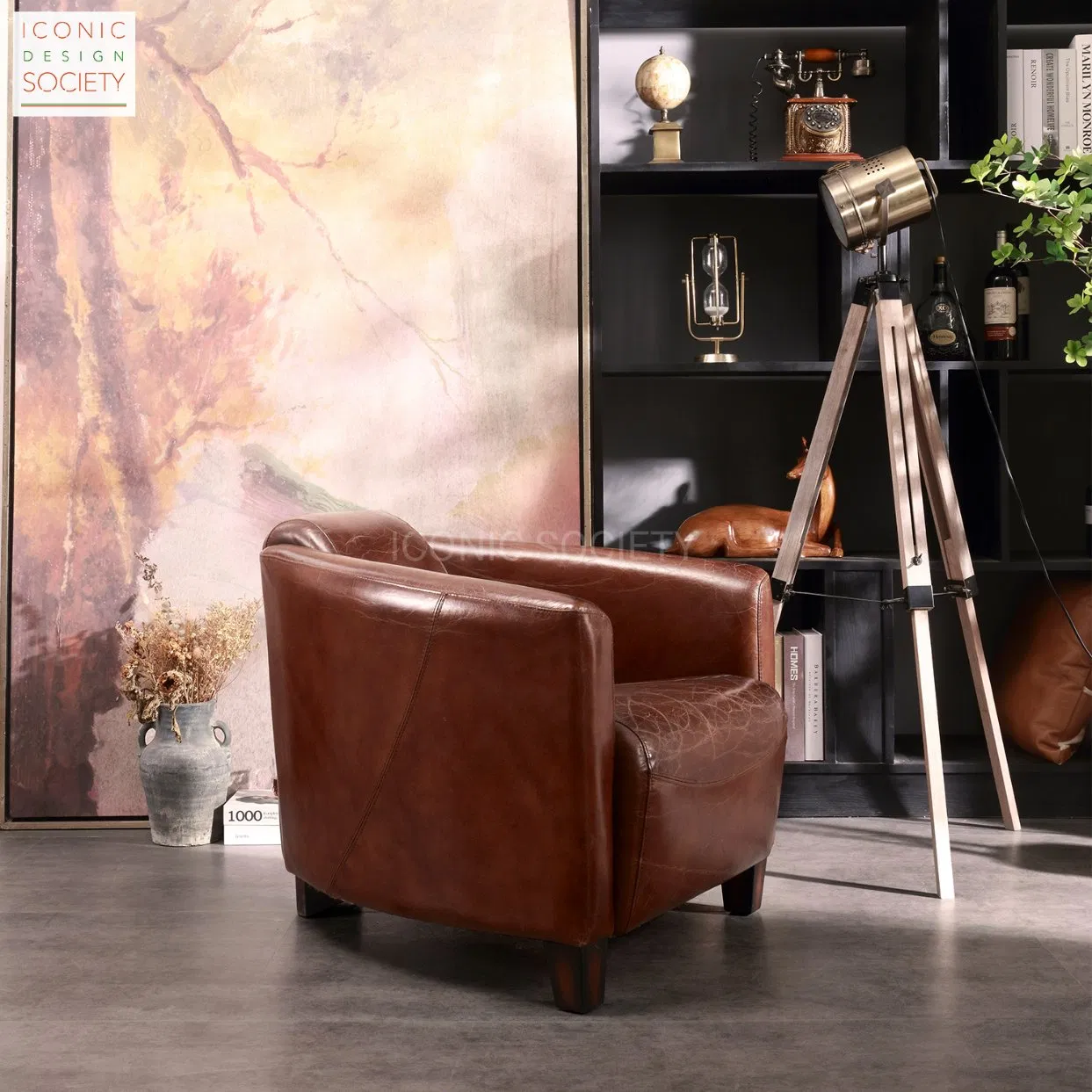 Vintage Living Room Furniture Club Hotel Aluminium Aviator Barrel Armchair Genuine Leather Accent Leisure Chair