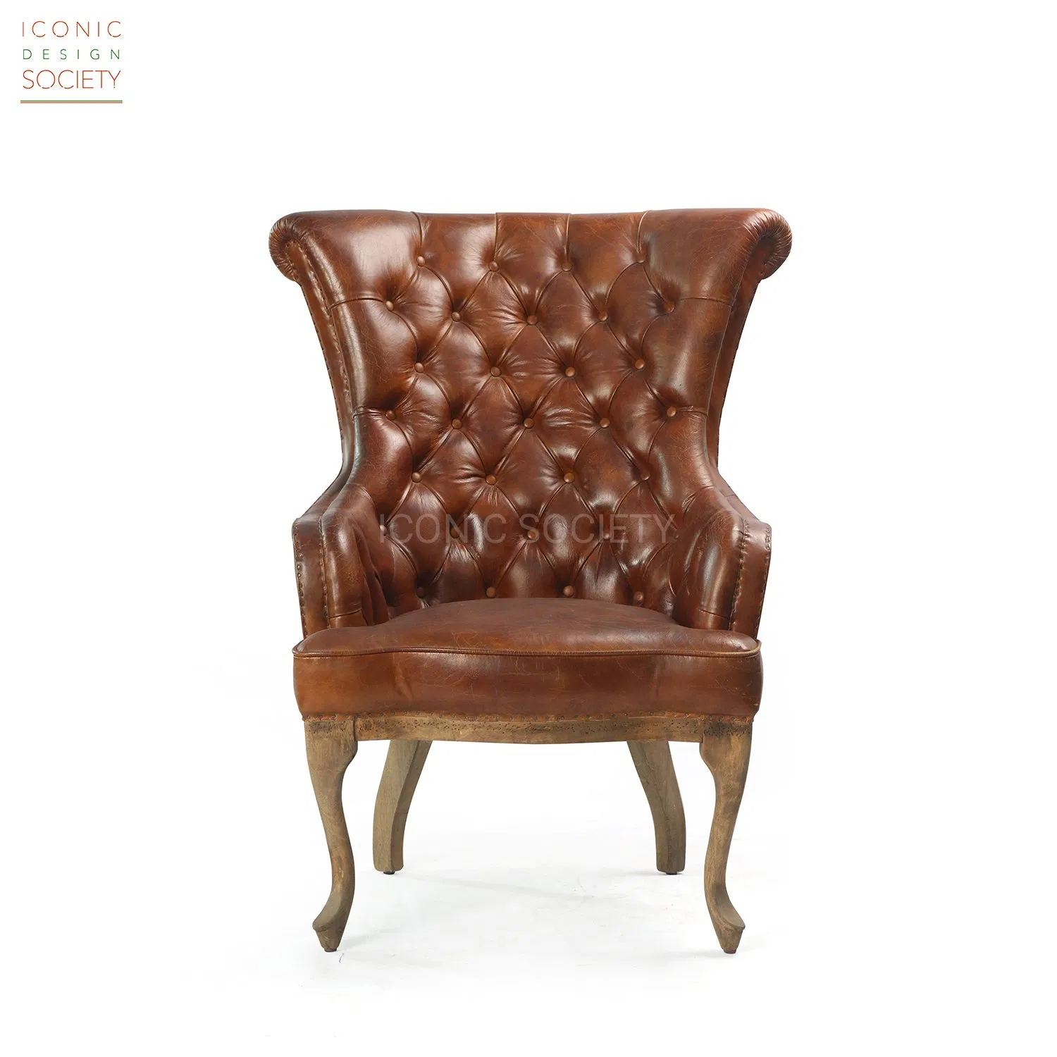 Vintage Living Room Sitting Room Furniture Wooden Frame Chair Hotel Wingback Tufted Club Accent Genuine Caster Dark Brown Leather Chair