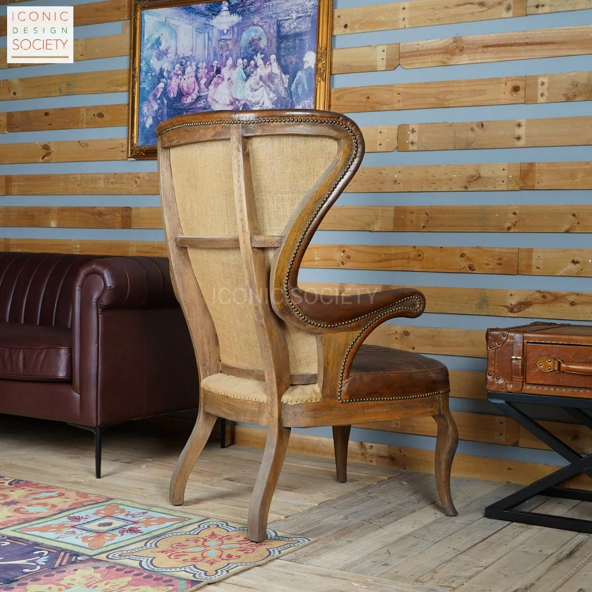 Vintage Living Room Sitting Room Furniture Wooden Frame Chair Hotel Wingback Club Genuine Caster Leather Chair