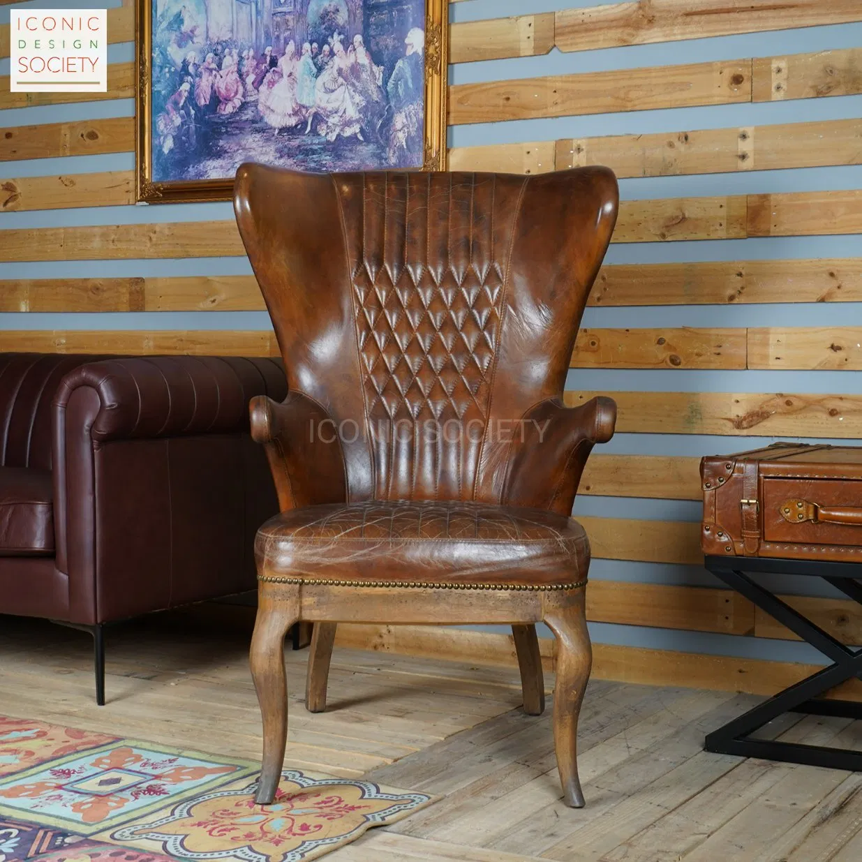 Vintage Living Room Sitting Room Furniture Wooden Frame Chair Hotel Wingback Club Genuine Caster Leather Chair