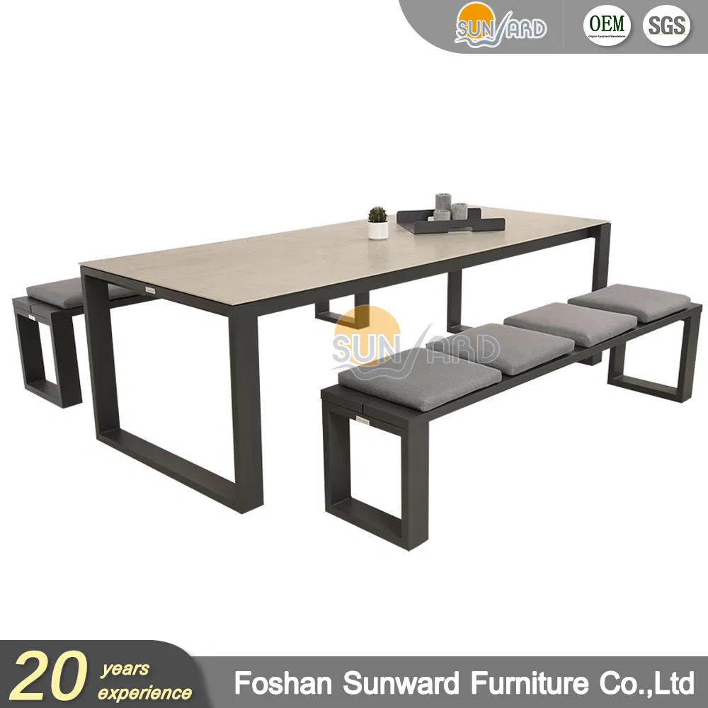 Wholesale Modern Hotel Restaurant Aluminum Metal Teak Wood Table and Long Chair Set Garden Patio Outdoor Dining Bench