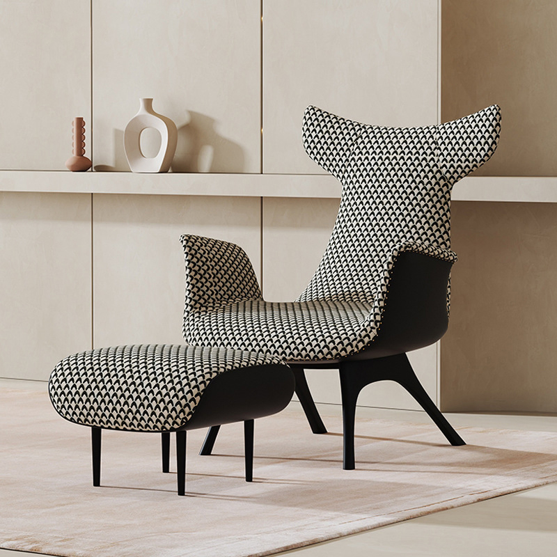 Nordic Creative Lounge Wooden Frame Fabric Arm Leisure Chair Ottoman Hotel Living Room Hotel Wingback Single Accent Sofa Chair