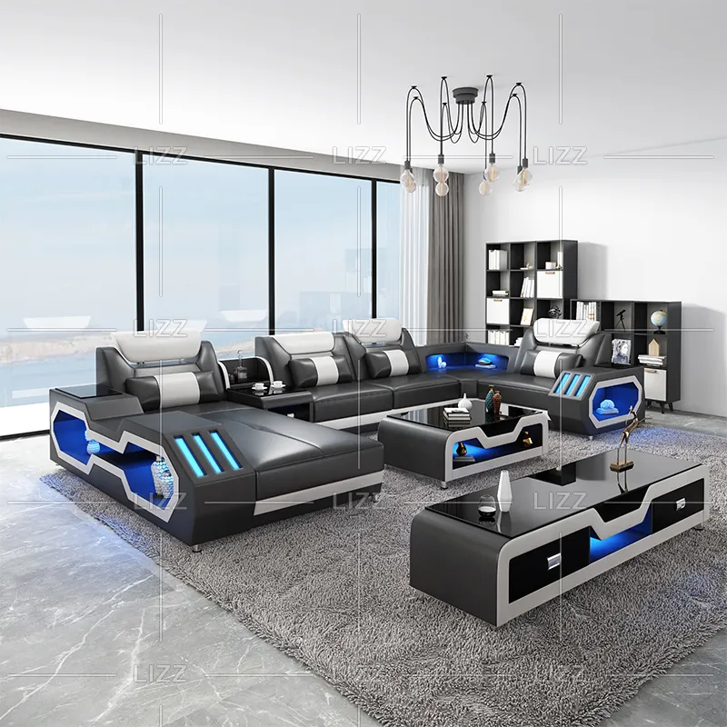 European Modern Sectional Leisure Living Room Home Furniture U Shape Genuine Leather Sofa Couch Set with LED Lights