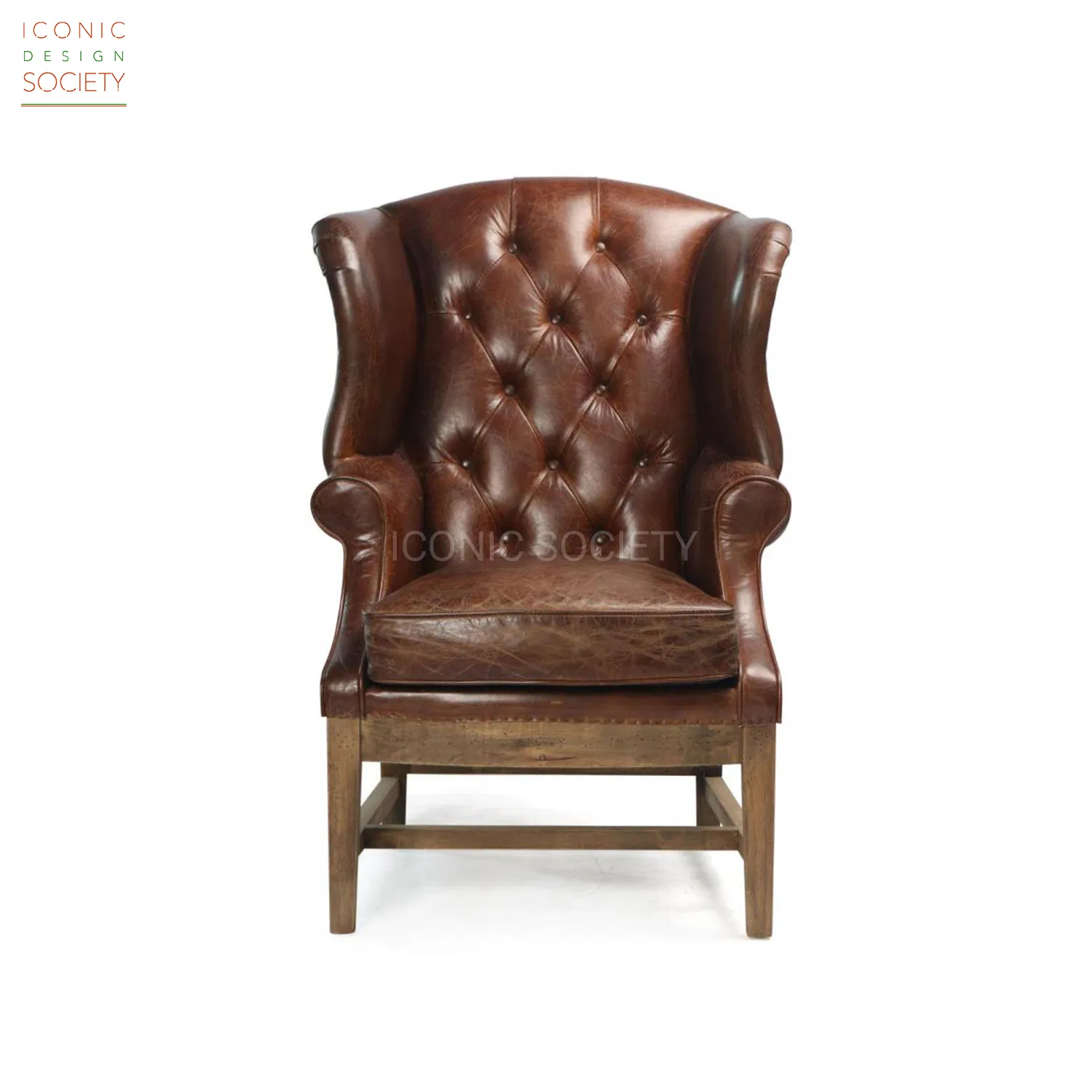 Vintage Living Room Sitting Room Furniture Wooden Frame Chair Hotel Wingback Diamond Tufted Club Accent Genuine Caster Leather Chair