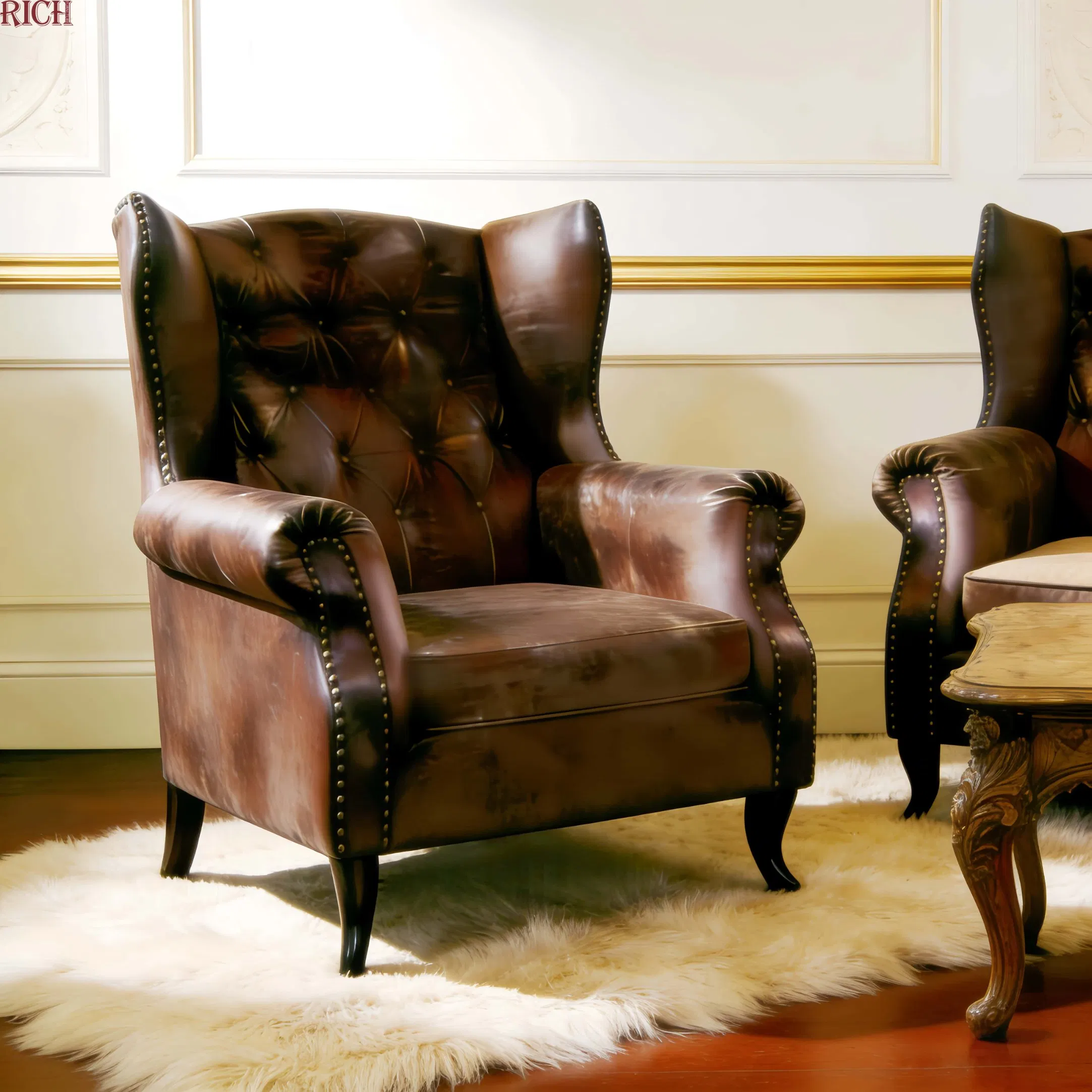 Modern Hotel Living Room Vintage Retro Leather Button Wingback Leisure Accent Chair