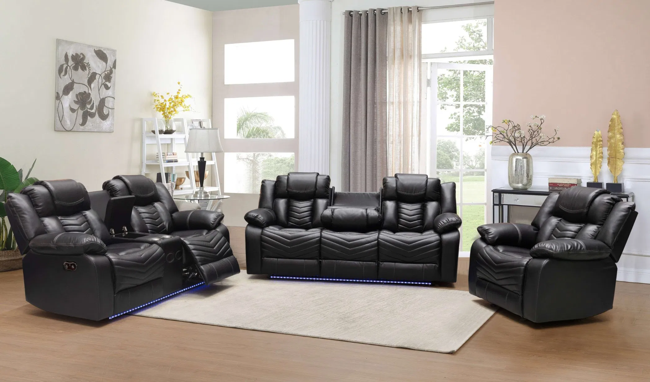 Wholesale Air Leather Power Reclining Sofa Loveseat with Dropdown Table LED Cup Holderreading Light wireless