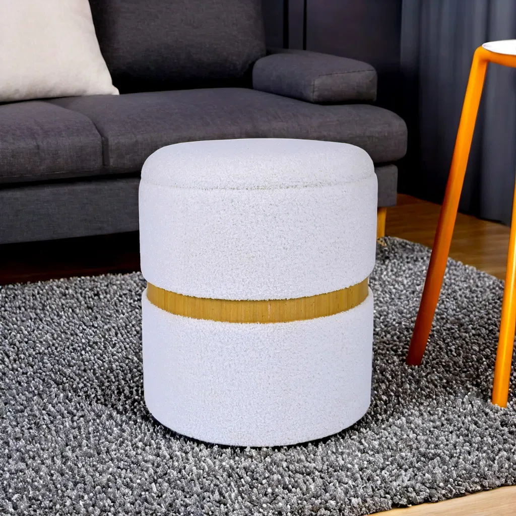 Round Storage Boucle Ottoman White Ottoman Poufs for Living Room, Sherpa Storage Ottoman Stool, Cute Teddy Foot Rest, White Makeup Vanity Stool