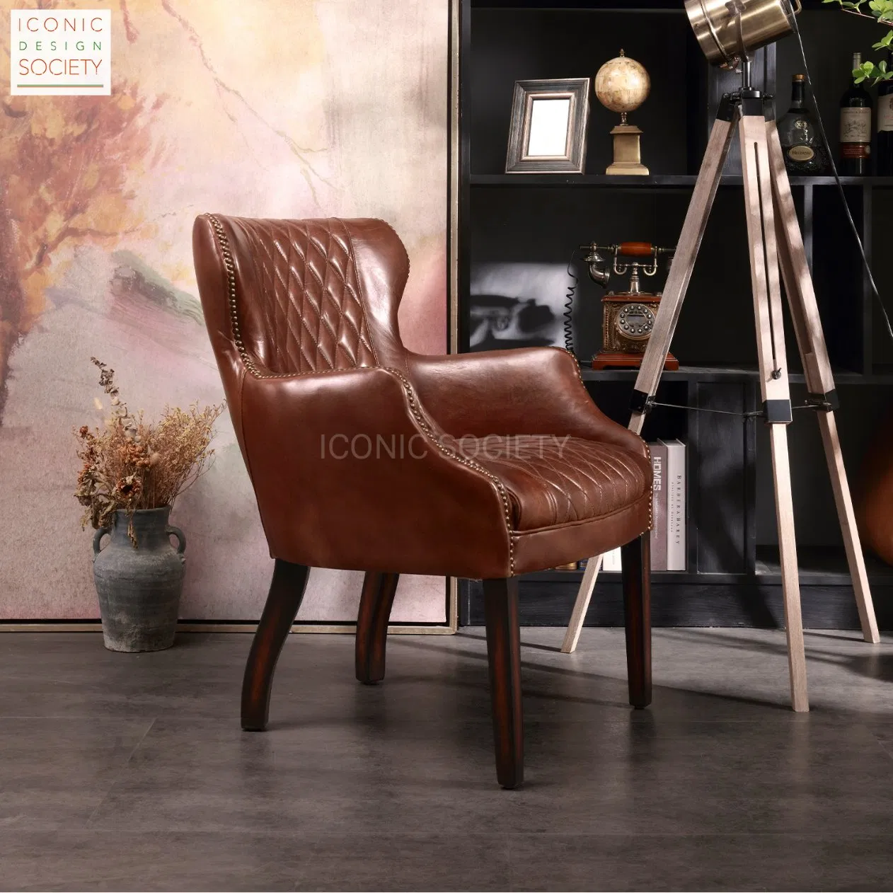 Vintage Living Room Furniture Wooden Frame Hotel Wingback Club Chair Chesterfield Genuine Leather Chair