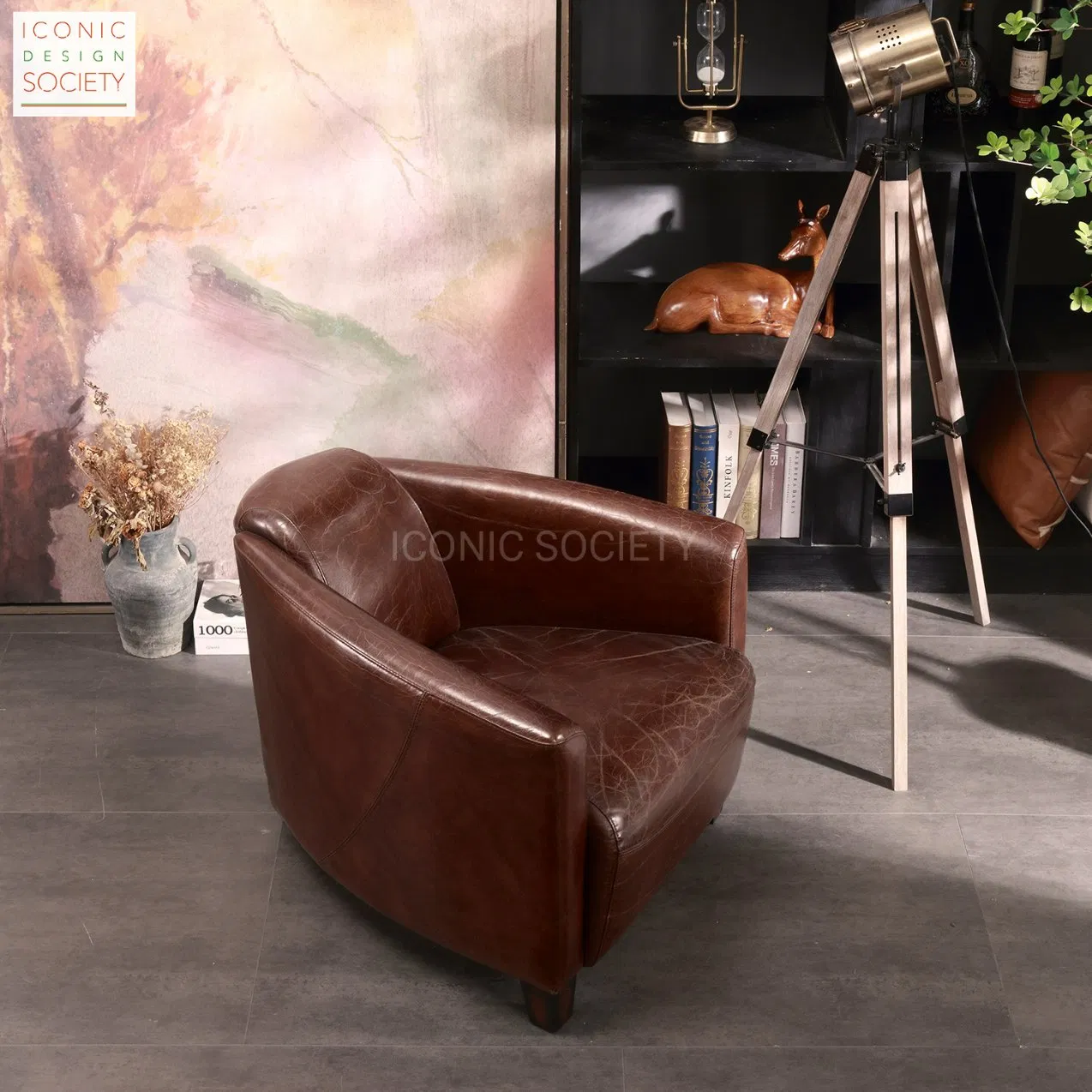 Vintage Living Room Furniture Club Hotel Aluminium Aviator Barrel Armchair Genuine Leather Accent Leisure Chair