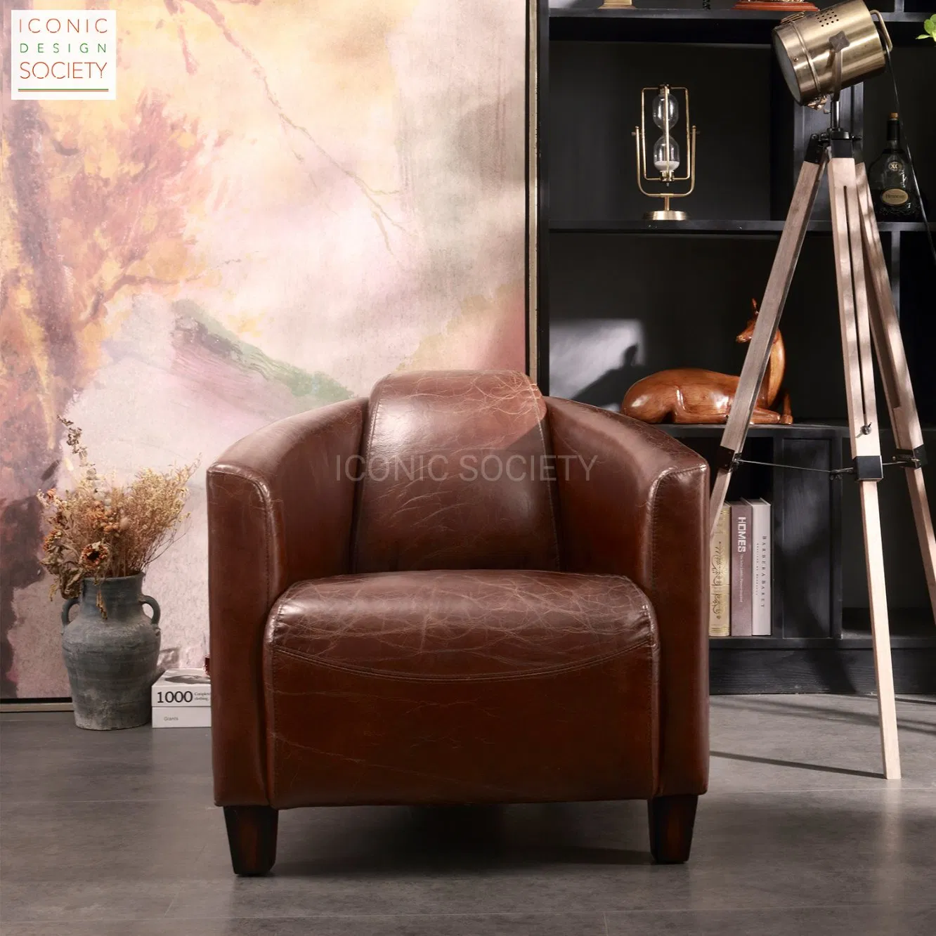 Vintage Living Room Furniture Club Hotel Aluminium Aviator Barrel Armchair Genuine Leather Accent Leisure Chair