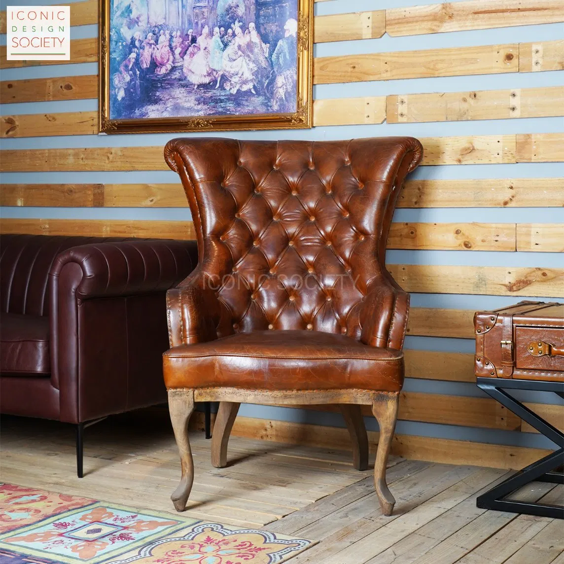 Vintage Living Room Sitting Room Furniture Wooden Frame Chair Hotel Wingback Tufted Club Accent Genuine Caster Dark Brown Leather Chair