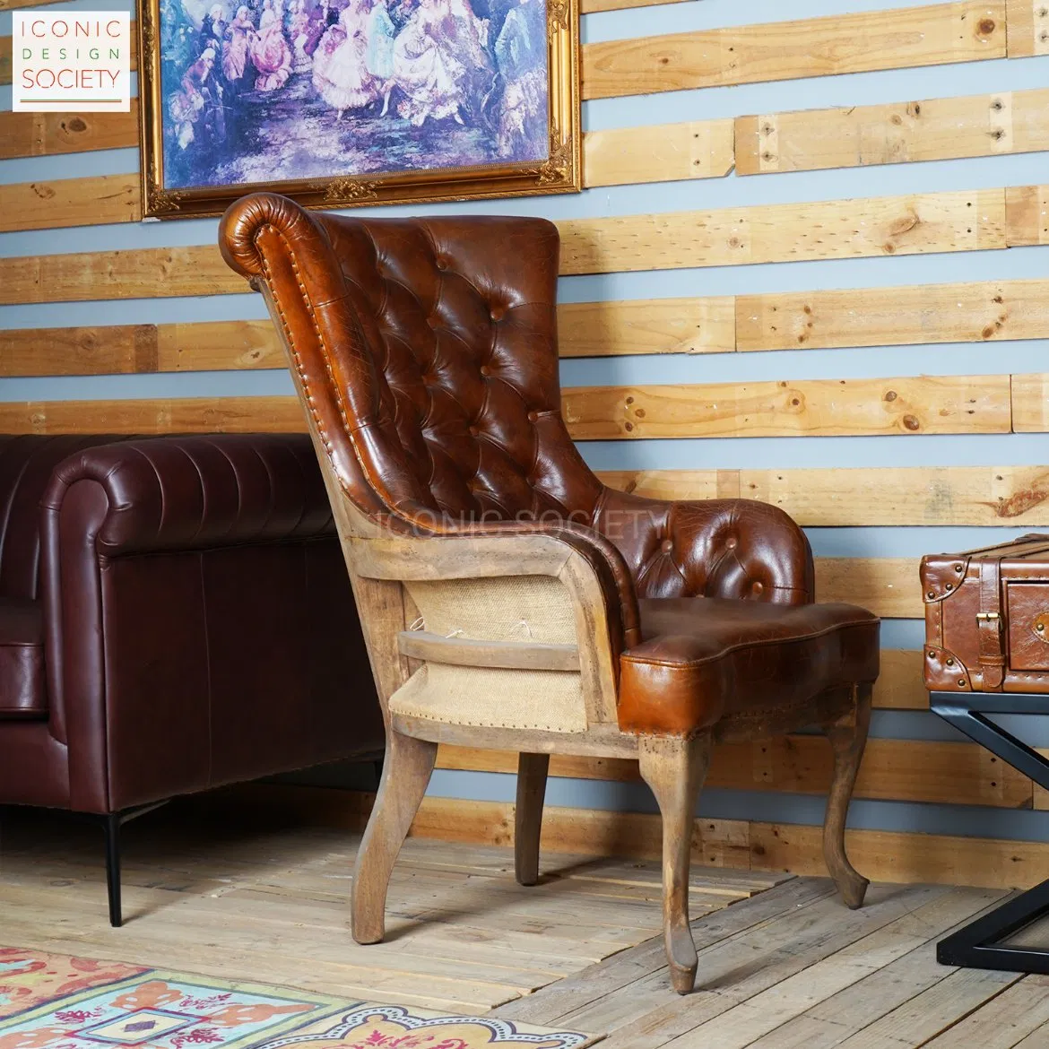 Vintage Living Room Sitting Room Furniture Wooden Frame Chair Hotel Wingback Tufted Club Accent Genuine Caster Dark Brown Leather Chair