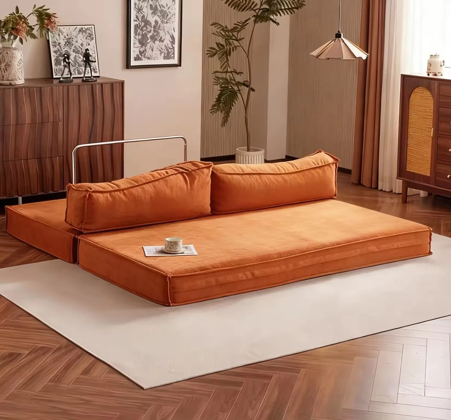 Modern Rust Orange Convertible Loveseat Side Pocket Storage