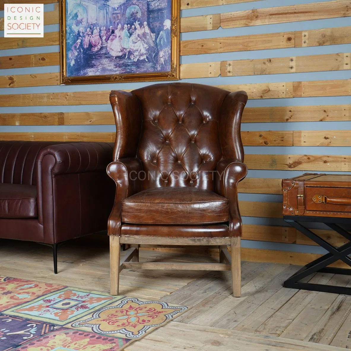 Vintage Living Room Sitting Room Furniture Wooden Frame Chair Hotel Wingback Diamond Tufted Club Accent Genuine Caster Leather Chair