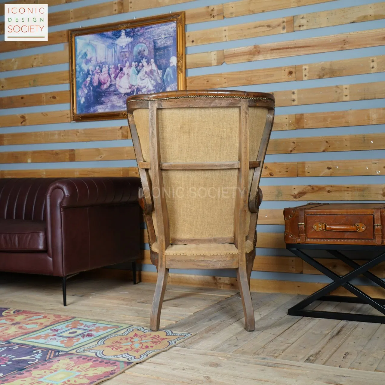 Vintage Living Room Sitting Room Furniture Wooden Frame Chair Hotel Wingback Club Genuine Caster Leather Chair