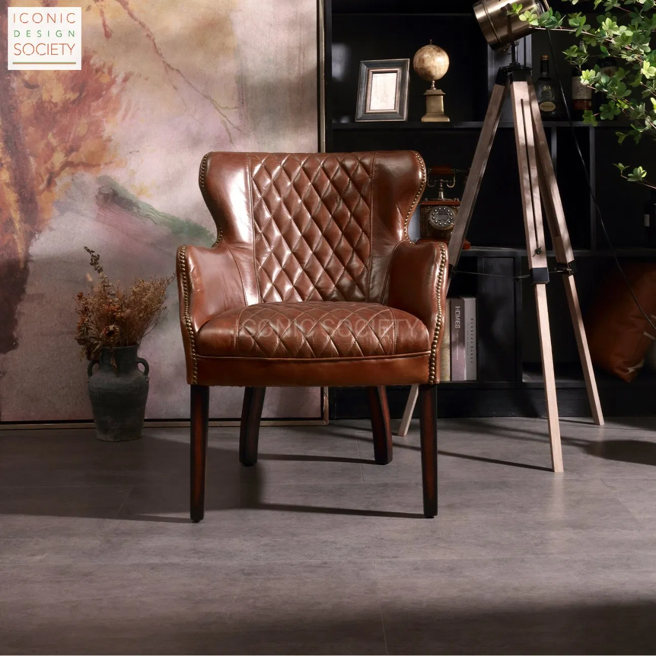 Vintage Living Room Furniture Wooden Frame Hotel Wingback Club Chair Chesterfield Genuine Leather Chair