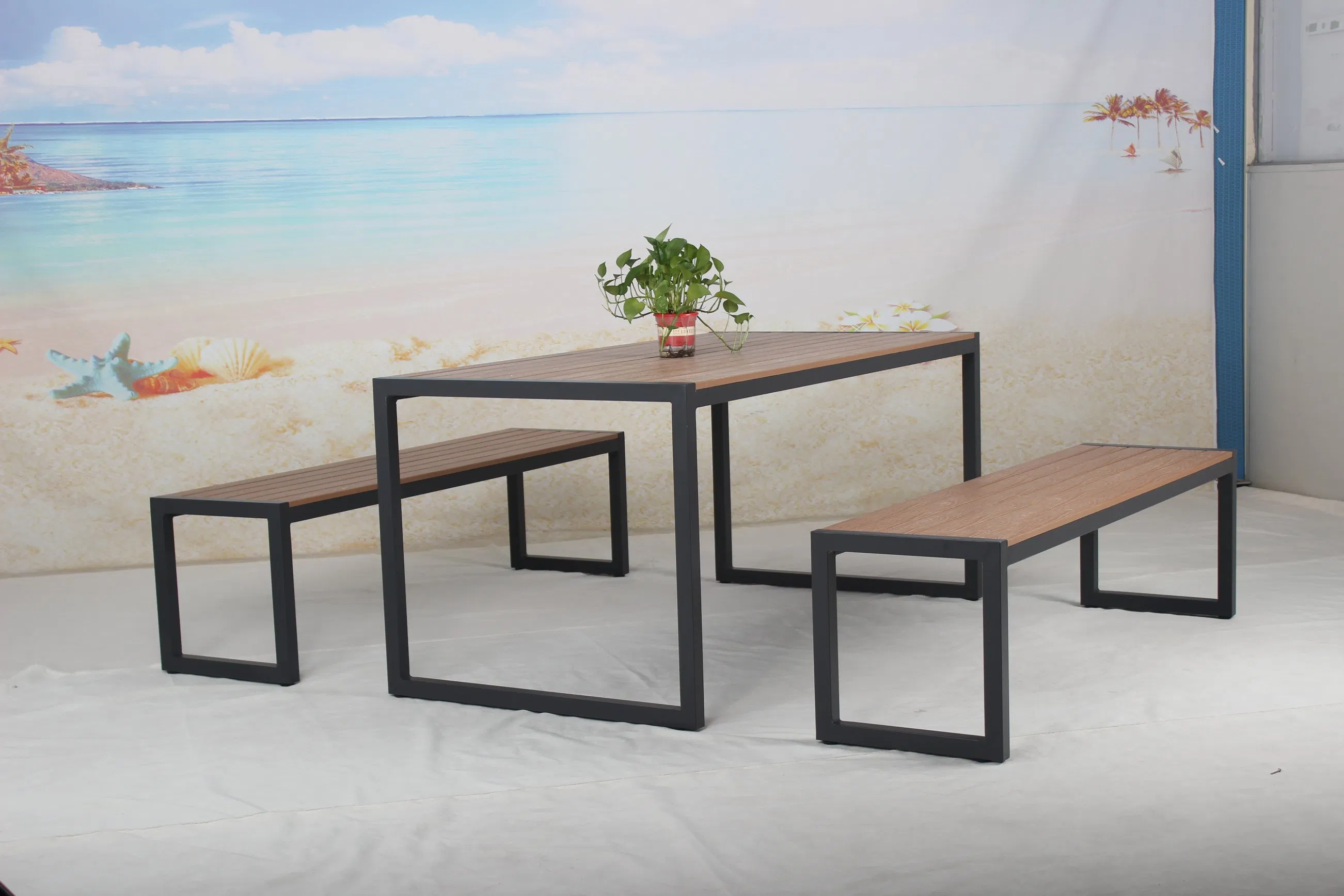 Aluminum Frame Plastic Wood Outdoor Dining Table Furniture Set Garden Bench