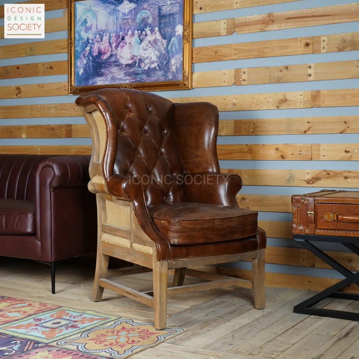 Vintage Living Room Sitting Room Furniture Wooden Frame Chair Hotel Wingback Diamond Tufted Club Accent Genuine Caster Leather Chair