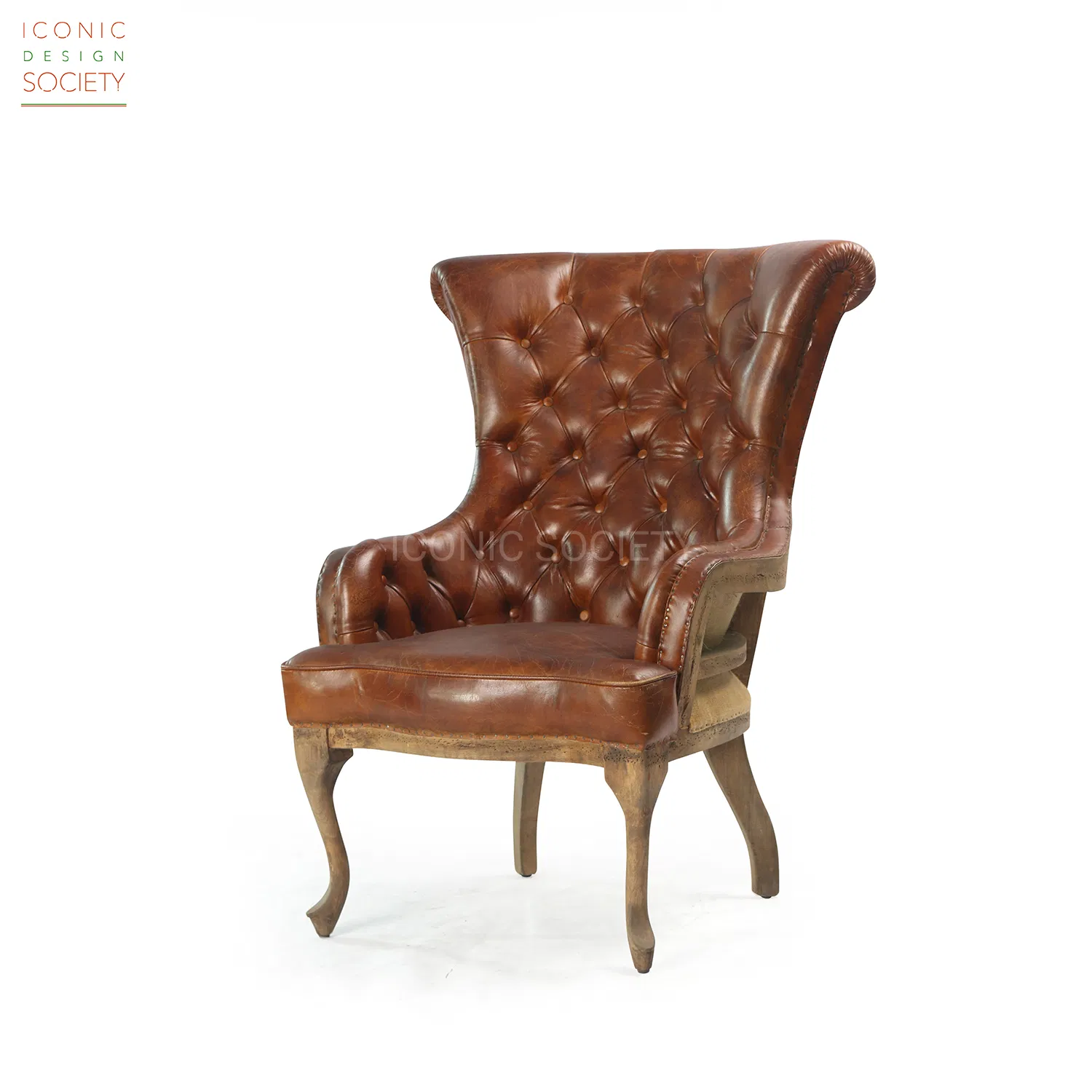 Vintage Living Room Sitting Room Furniture Wooden Frame Chair Hotel Wingback Tufted Club Accent Genuine Caster Dark Brown Leather Chair