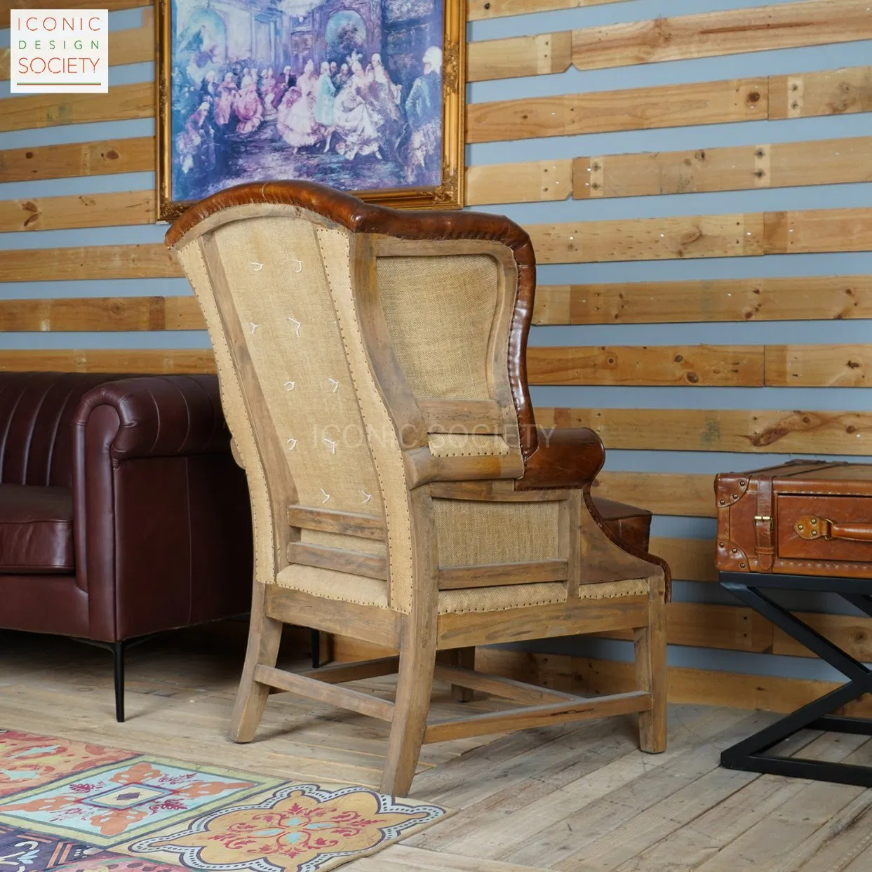 Vintage Living Room Sitting Room Furniture Wooden Frame Chair Hotel Wingback Diamond Tufted Club Accent Genuine Caster Leather Chair