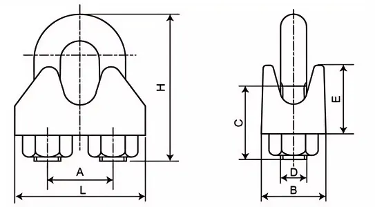 Galv. Zinc Plated DIN741 Wire Rope Clip Technical Drawing