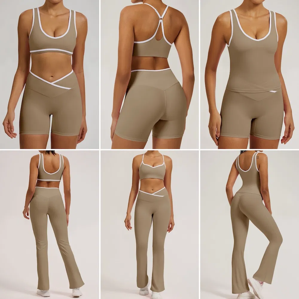 Nueva Tendencia 6 Pieza Premium de Ropa de Gimnasio a Rayas para Mujeres, 3 Diseño de Tops Deportivos con Sujetador + Shorts de Yoga con Cintura Cruzada + Leggings de Entrenamiento Conjunto de Pilates