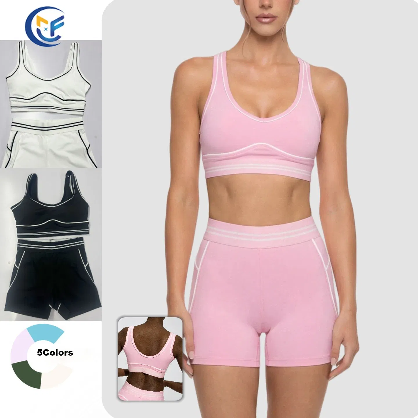 Conjunto de 2 piezas de moda femenina para ejercicio, shorts con bloques de color y sujetador deportivo, ropa activa para pilates, yoga, fitness, gimnasio y correr para mujeres