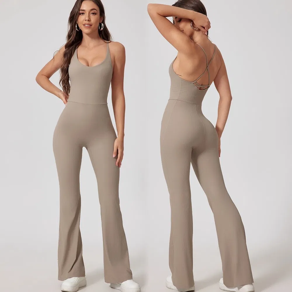 Leotardo de fitness con espalda cruzada y pierna acampanada para mujeres, venta al por mayor de una pieza acanalada con bodysuit de entrenamiento y sujetador, ropa para danza de pole