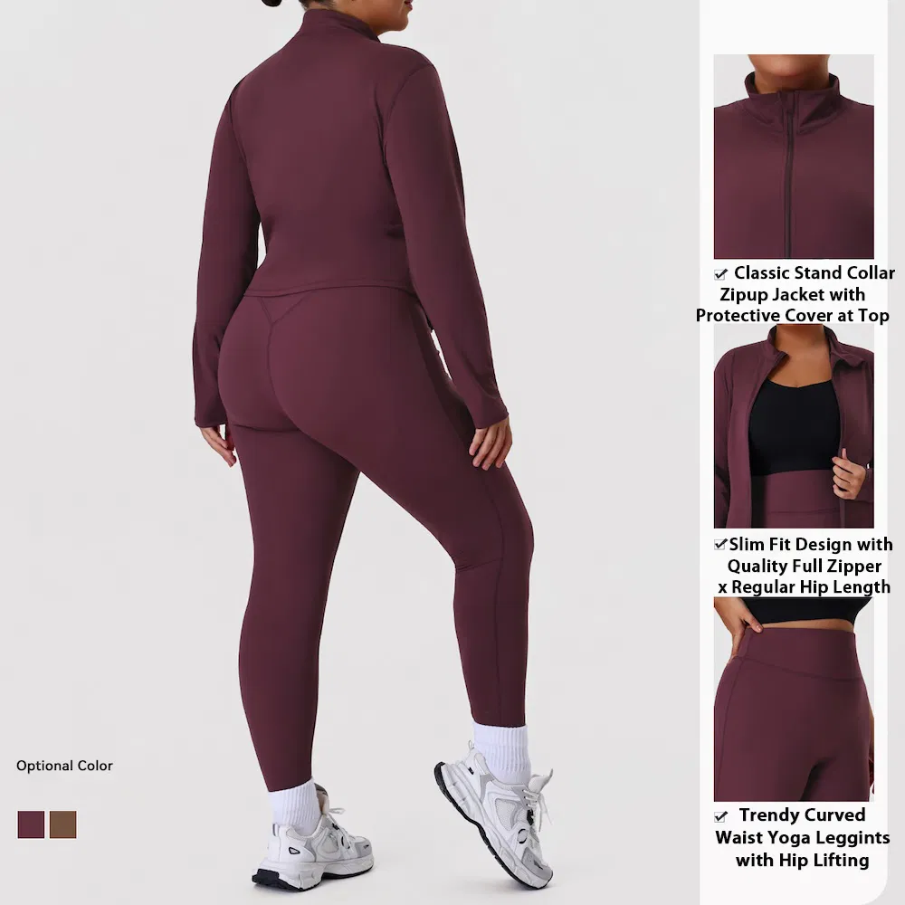 Conjunto de Ropa de Fitness para Mujeres de Talla Grande con Logo de Marca Personalizado 2 Pieza, Leggings de Yoga que Levantan el Trasero con Ajuste Slim y Chaqueta Deportiva con Cremallera, Conjunto de Jogger Premium