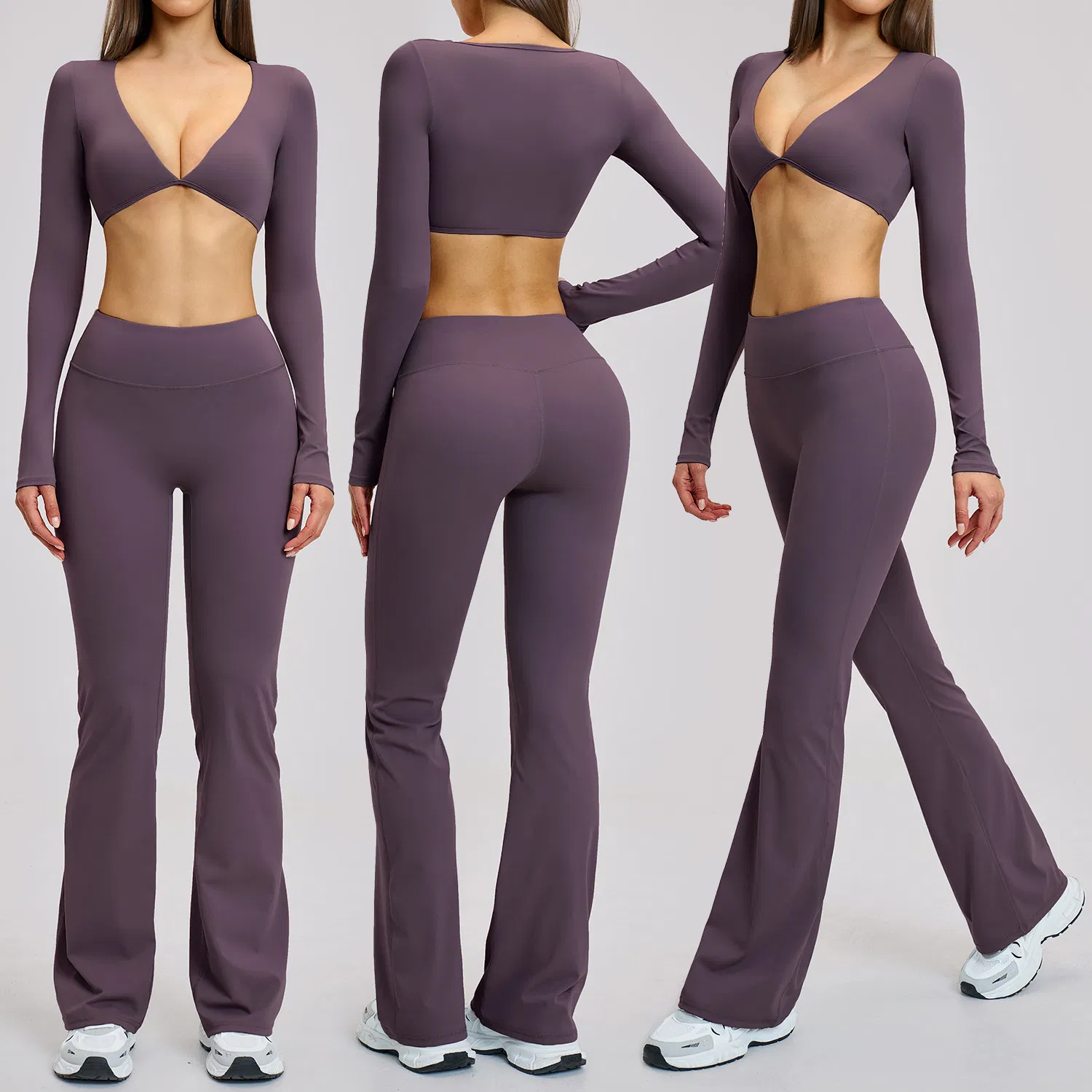 Ropa de yoga de moda sexy con top corto de manga larga y escote en V profundo + conjunto de leggings acampanados de cintura alta para entrenamiento y fitness