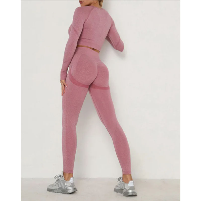 Ropa deportiva de yoga transpirable y sin costuras para mujeres, de secado rápido, conjunto de dos piezas con mangas largas de color puro