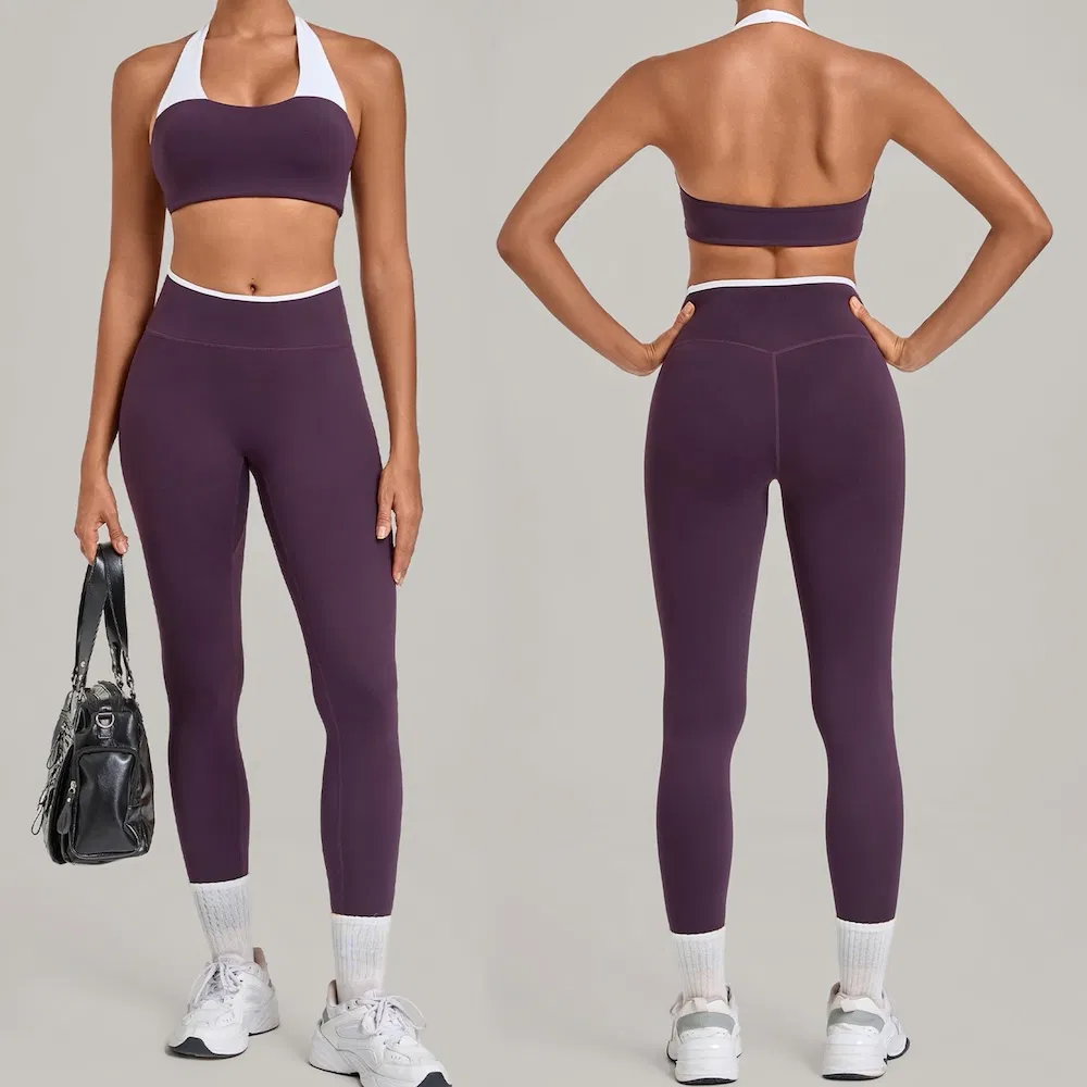 Nuevas Ropa Deportiva Sexy de Canalé para Mujeres, 2 Conjunto de Sudaderas Sin Costuras con Leggings de Cintura Alta + Sujetador de Yoga con Escote en V para Pilates