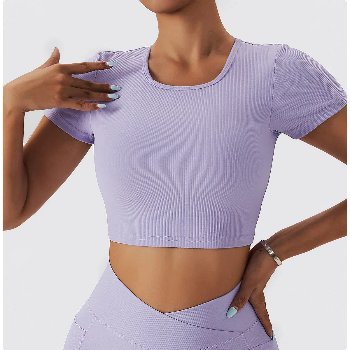 Camisetas de yoga para mujeres, nylon y spandex, camiseta deportiva de espalda cruzada, verano, transpirable, top de entrenamiento con espalda abierta, manga corta, crop top