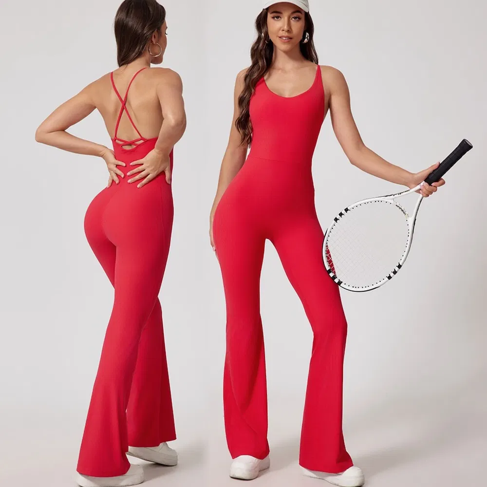 Leotardo de fitness con espalda cruzada y pierna acampanada para mujeres, venta al por mayor de una pieza acanalada con bodysuit de entrenamiento y sujetador, ropa para danza de pole