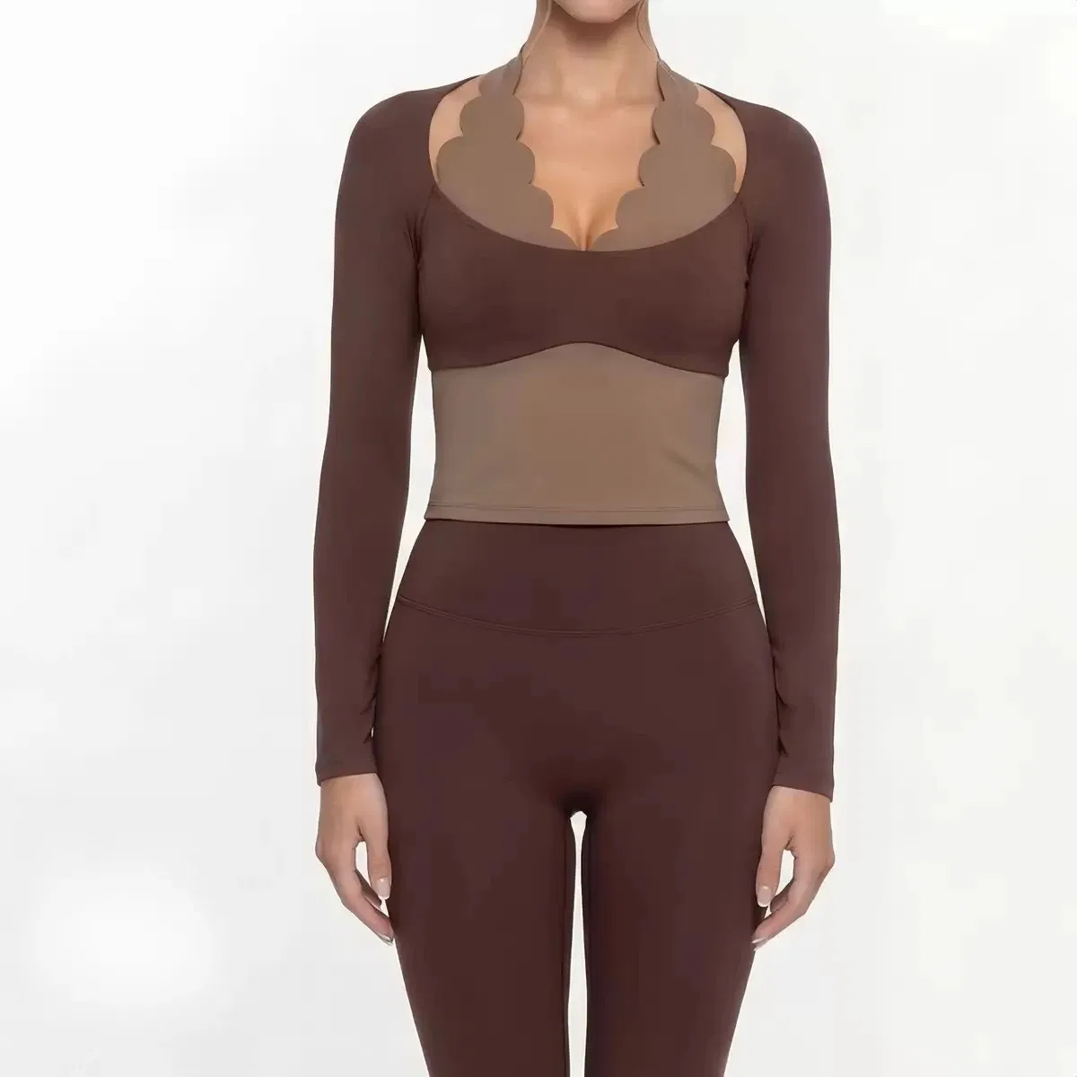 Ropa de yoga activa, camiseta de manga larga de moda con encaje, alta elasticidad, ropa de fitness ajustada, top de pilates, ropa deportiva, ajuste slim, ropa de gimnasio