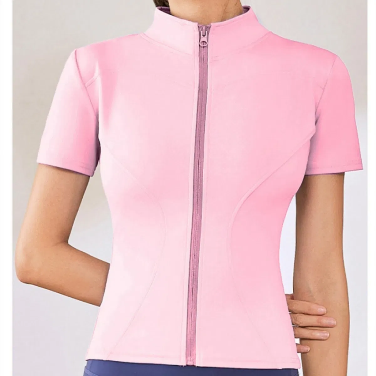 Chaqueta deportiva sin costuras de manga corta ajustada con cuello, con cremallera y alta sujeción, transpirable, para yoga y gimnasio, sin huecos