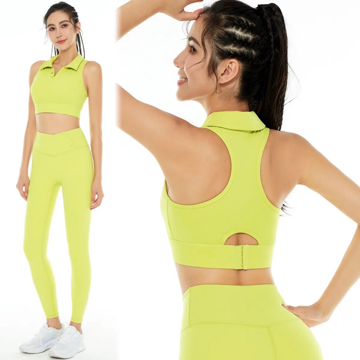 Ropa de gimnasio y yoga para mujeres de diseño nuevo de Tianchen, conjunto de ropa de fitness, top corto de cuello polo + leggings de cintura cruzada, conjuntos para hacer ejercicio y senderismo