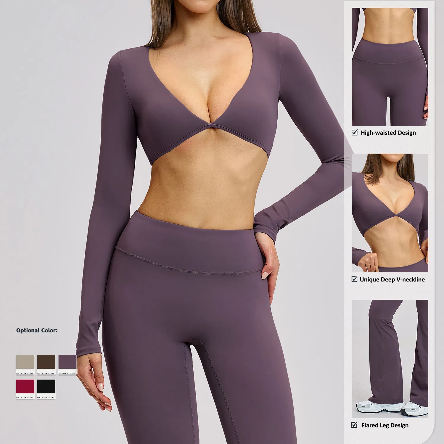 Ropa de yoga de moda sexy con top corto de manga larga y escote en V profundo + conjunto de leggings acampanados de cintura alta para entrenamiento y fitness
