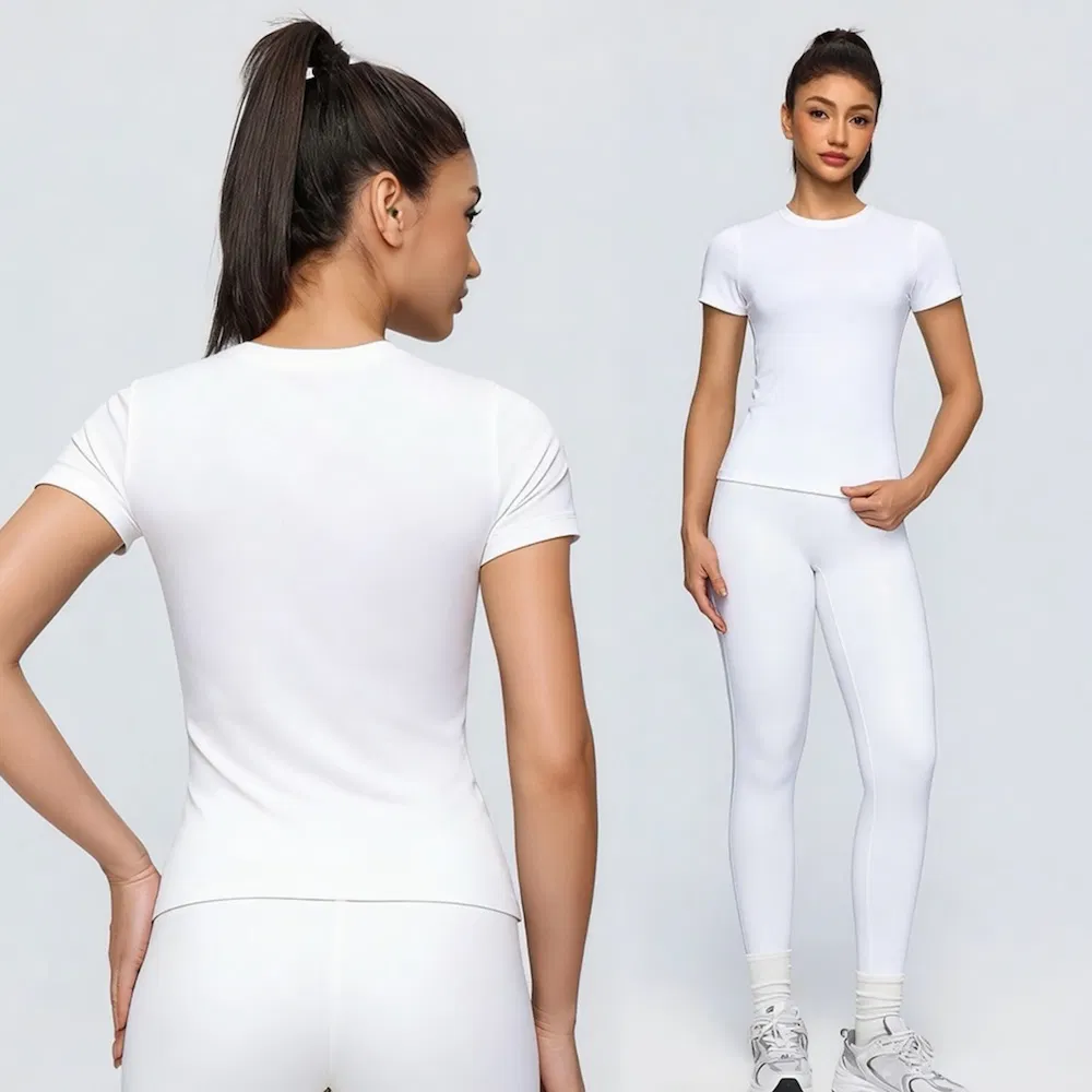 Conjunto de Ropa Deportiva Esencial de Verano de 2 Piezas para Mujeres, Camiseta Deportiva de Manga Corta con Leggings de Cintura Alta para Correr y Tenis
