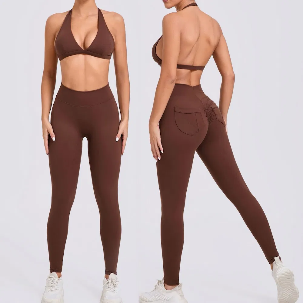 Nuevas Tendencias 2PCS Conjuntos de Ropa de Gimnasio Brasileña para Mujer, Sujetador Deportivo con Cuello Halter y Bolsillos en la Espalda, Leggings para Correr, Traje de Yoga