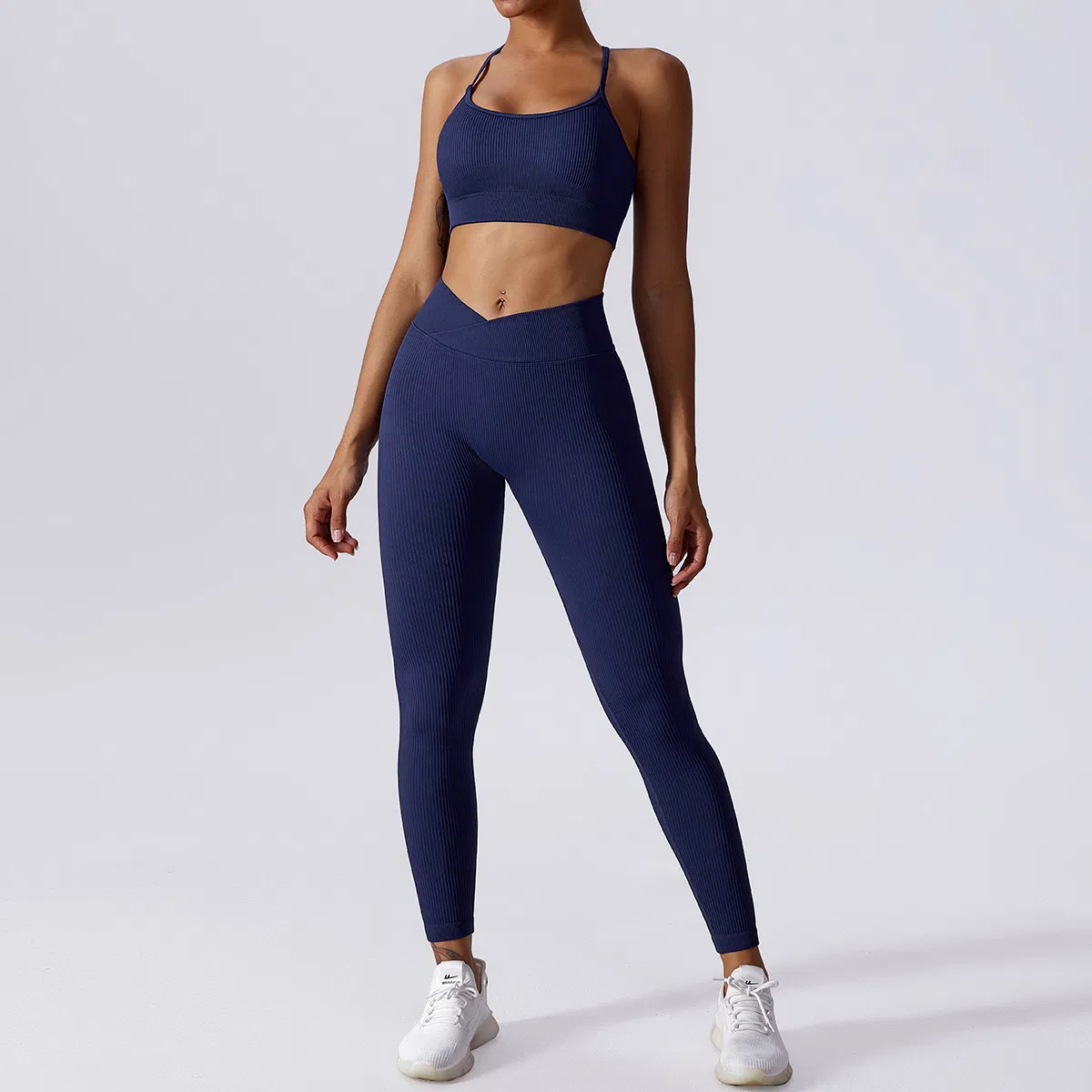 Conjunto de ropa deportiva casual de leggings de cintura alta sin costuras para mujer con corte en V y sujetador deportivo ajustado